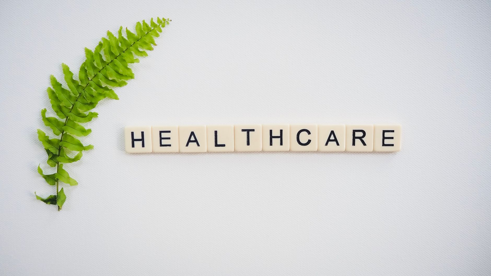 Healthcare word spelled with Scrabble tiles next to a green fern leaf on a white background. — Keith Myers at the Helm of Mor